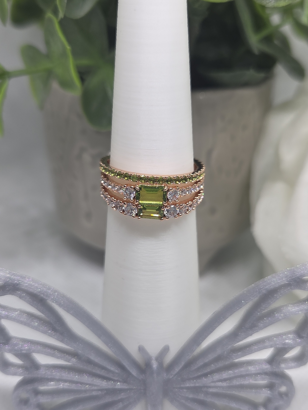 BP Three Band Green Peridot Ring With Accent Stones On Rose Gold Plating